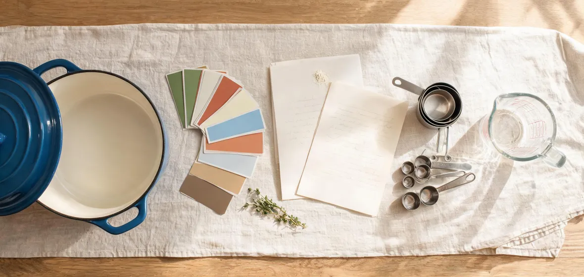 Cookware article table with enamel pieces and notes