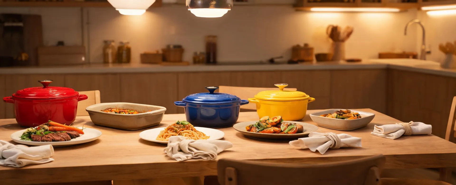 Cookware on a prepared dining table