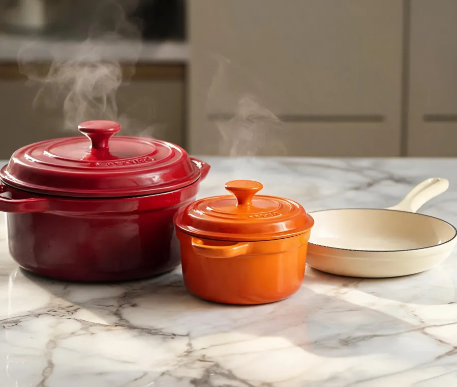 Le Creuset enameled cast iron cookware feature close-up